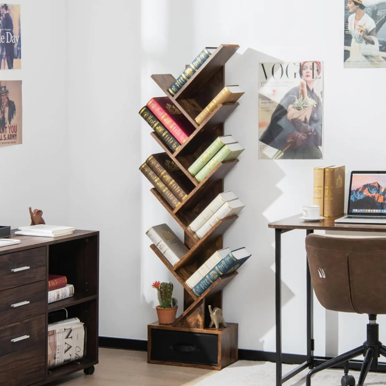 Tangkula 10 Tier Tree Bookshelf with Drawer
