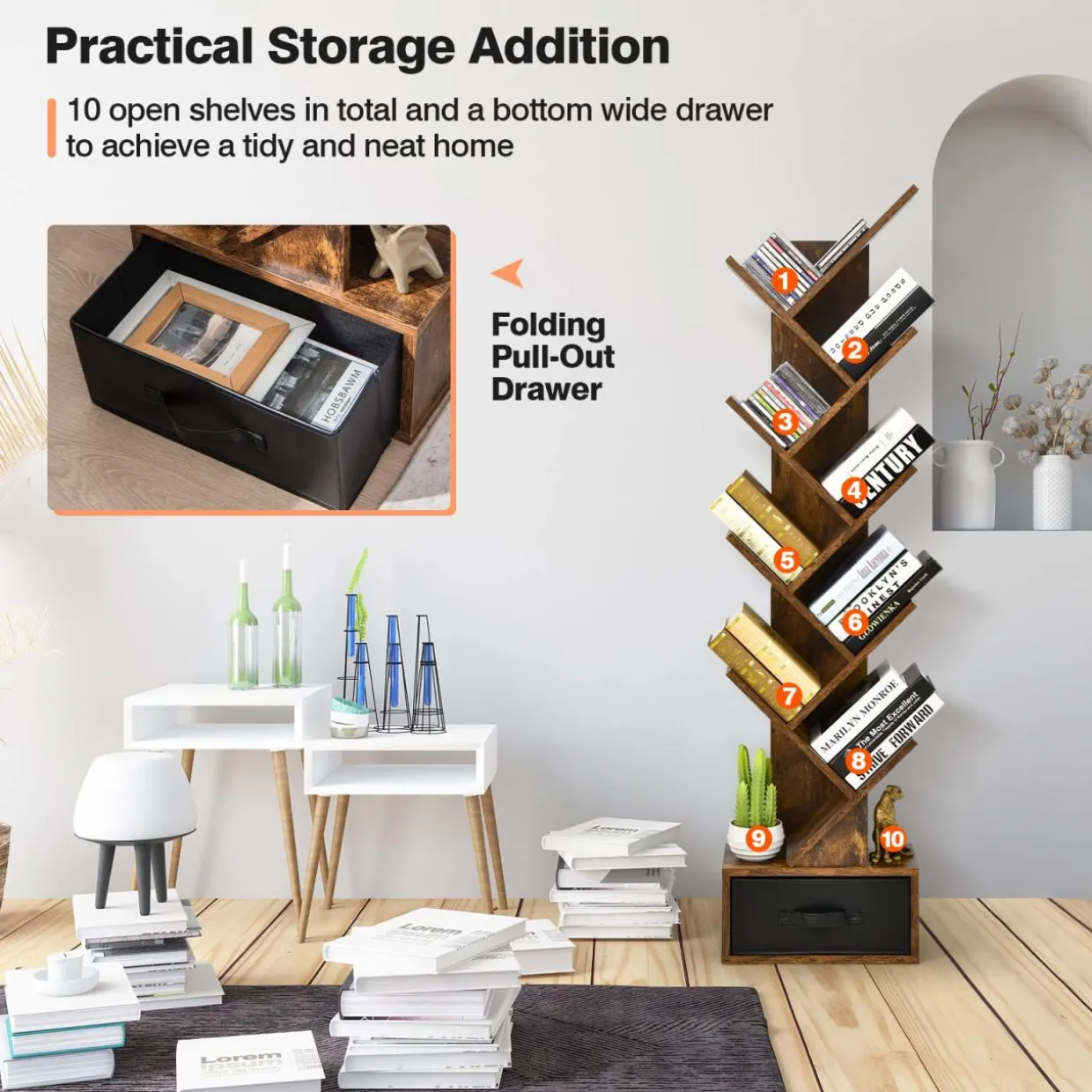 Tangkula 10 Tier Tree Bookshelf with Drawer