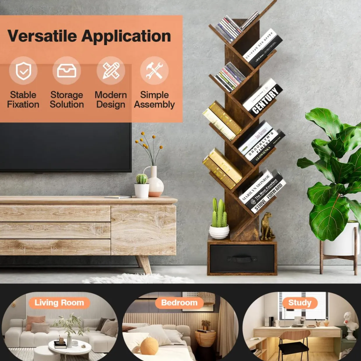 Tangkula 10 Tier Tree Bookshelf with Drawer