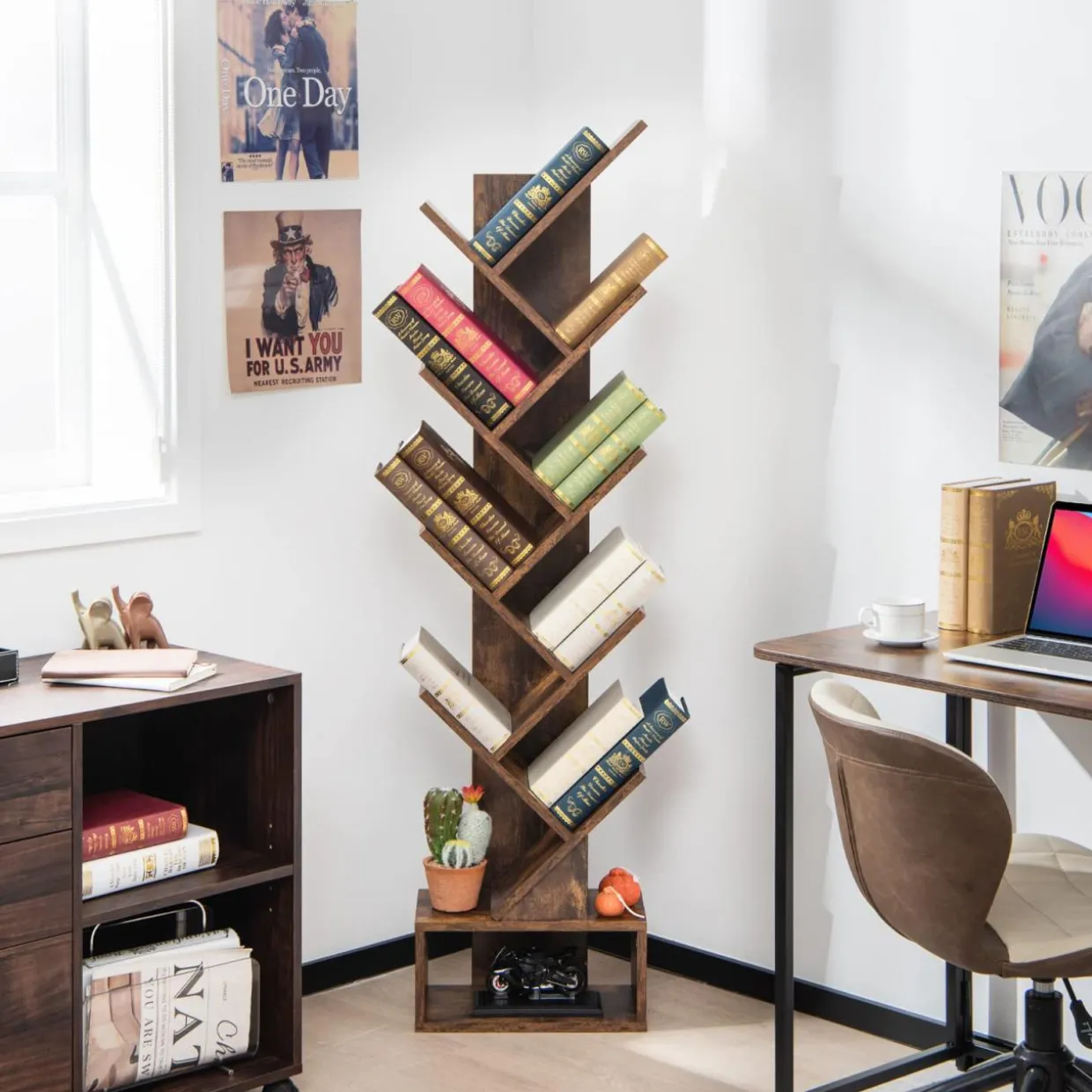 Tangkula 10 Tier Tree Bookshelf with Drawer