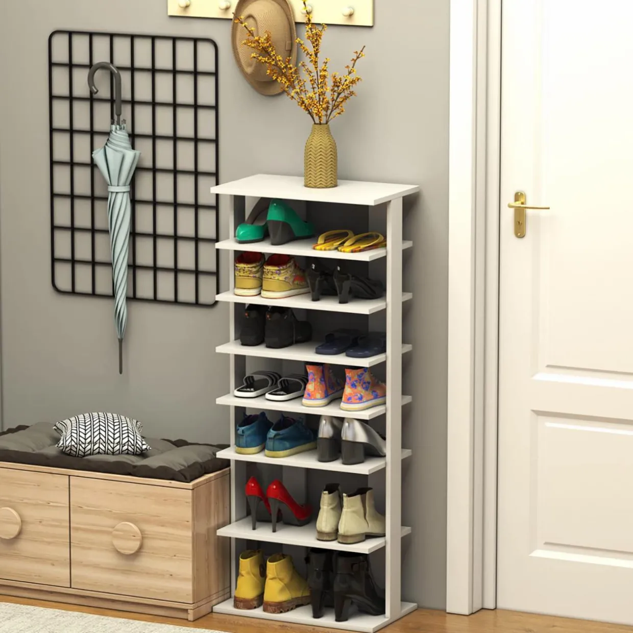 Tangkula 7 Tiers Vertical Shoe Rack, Entryway Wooden Shoes Racks, Modern Shoe Rack Organizer