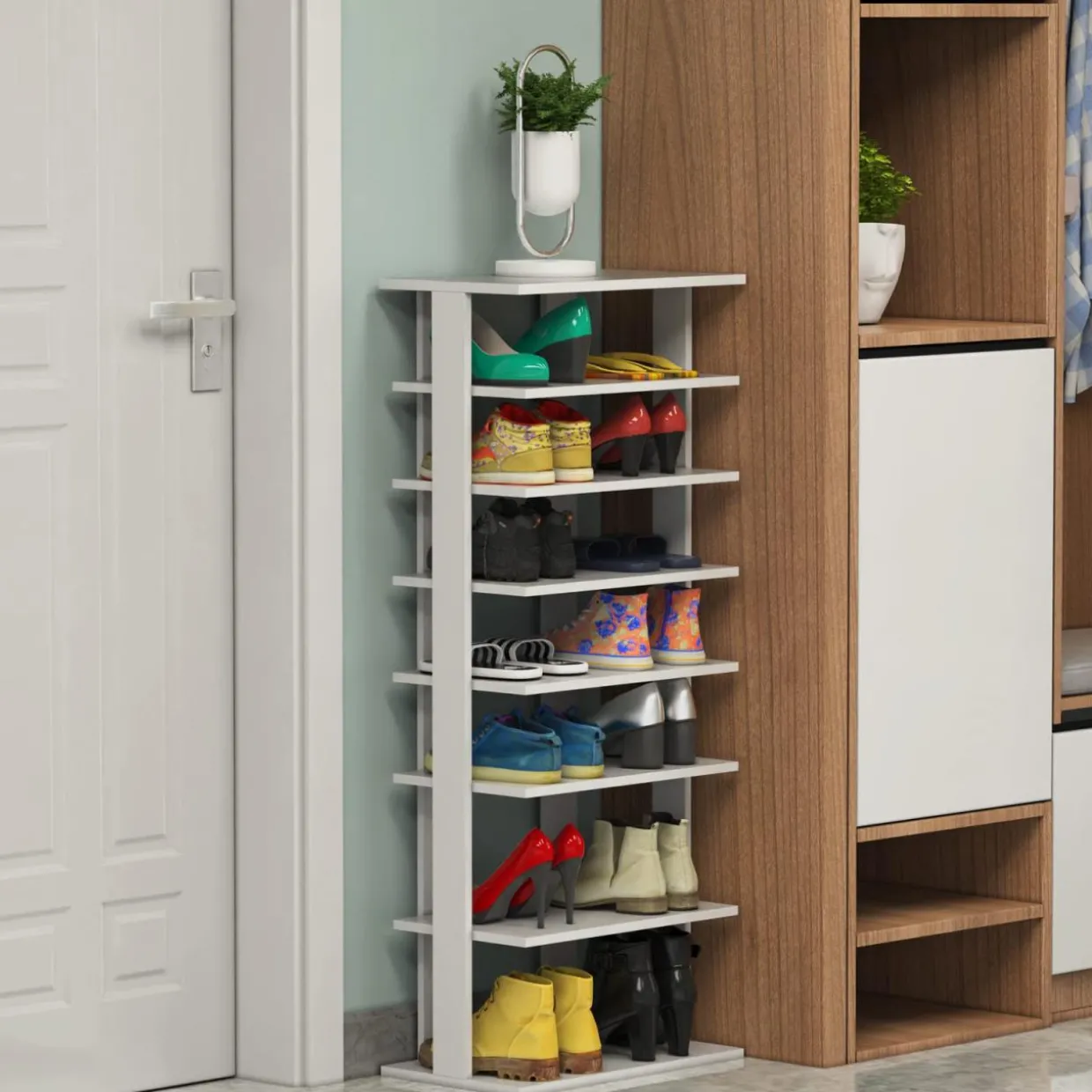 Tangkula 7 Tiers Vertical Shoe Rack, Entryway Wooden Shoes Racks, Modern Shoe Rack Organizer