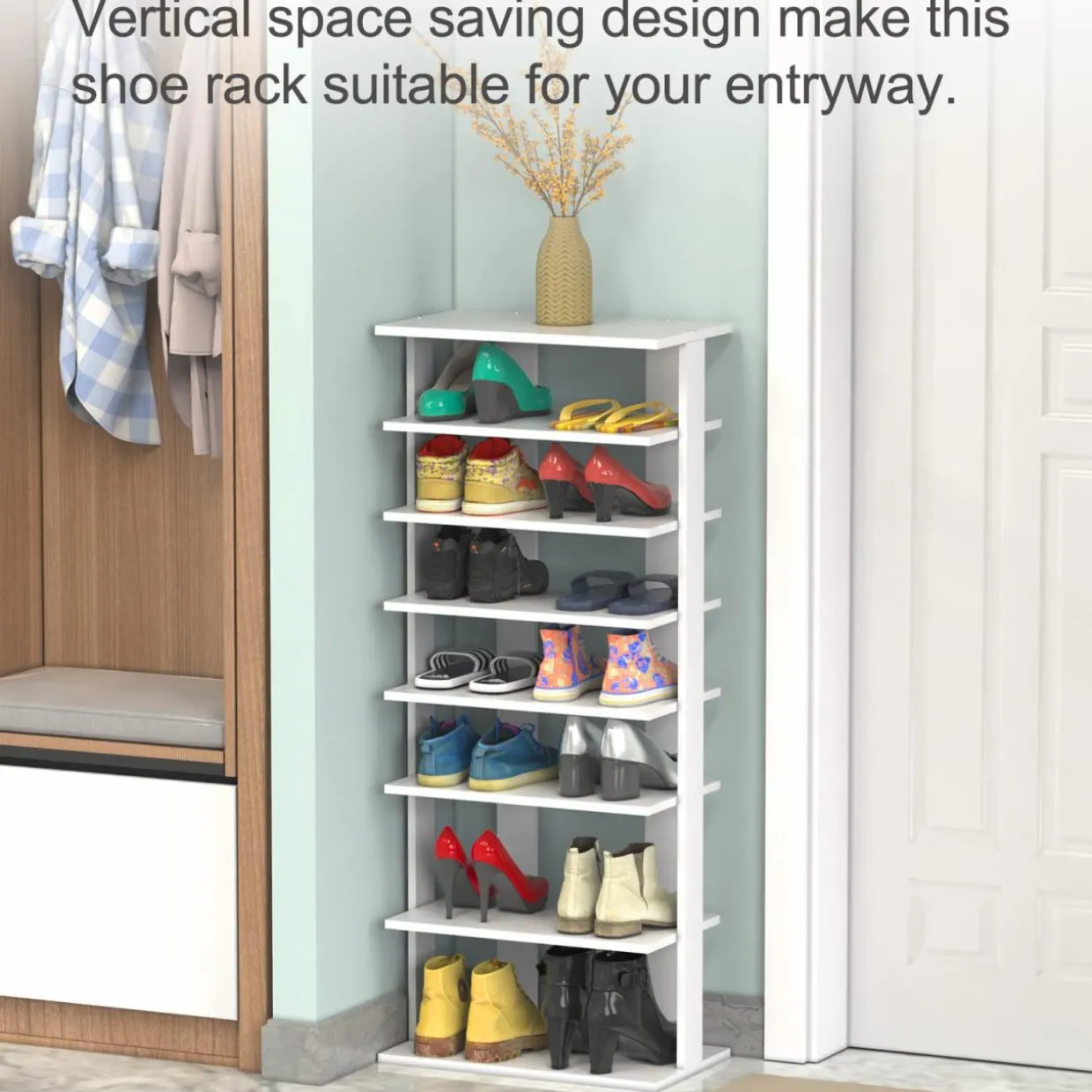 Tangkula 7 Tiers Vertical Shoe Rack, Entryway Wooden Shoes Racks, Modern Shoe Rack Organizer