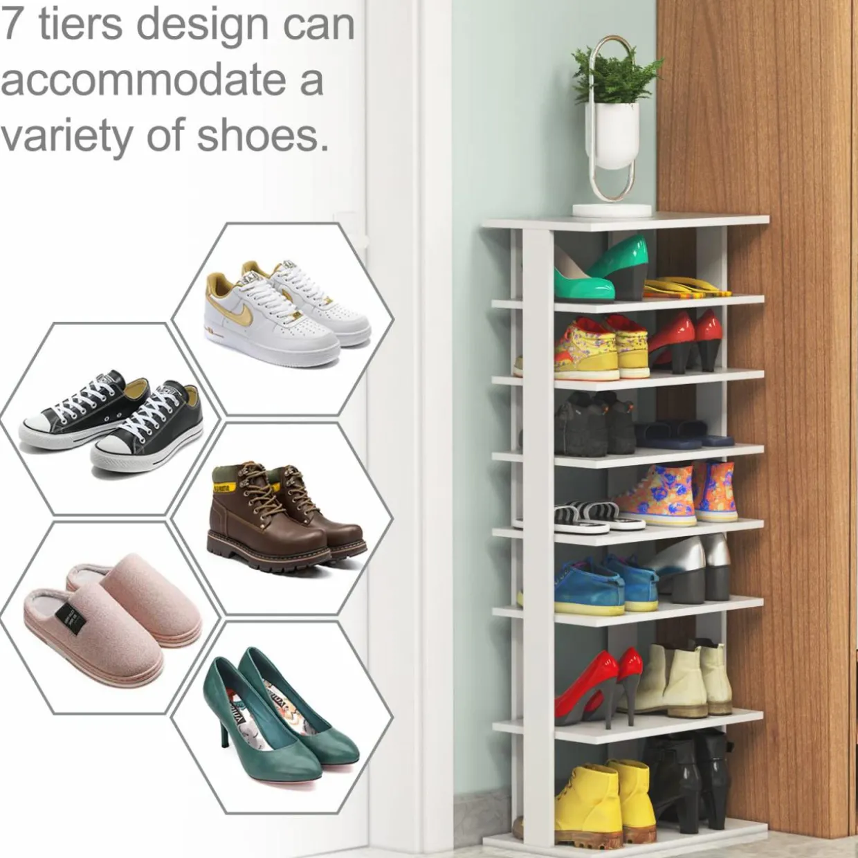 Tangkula 7 Tiers Vertical Shoe Rack, Entryway Wooden Shoes Racks, Modern Shoe Rack Organizer