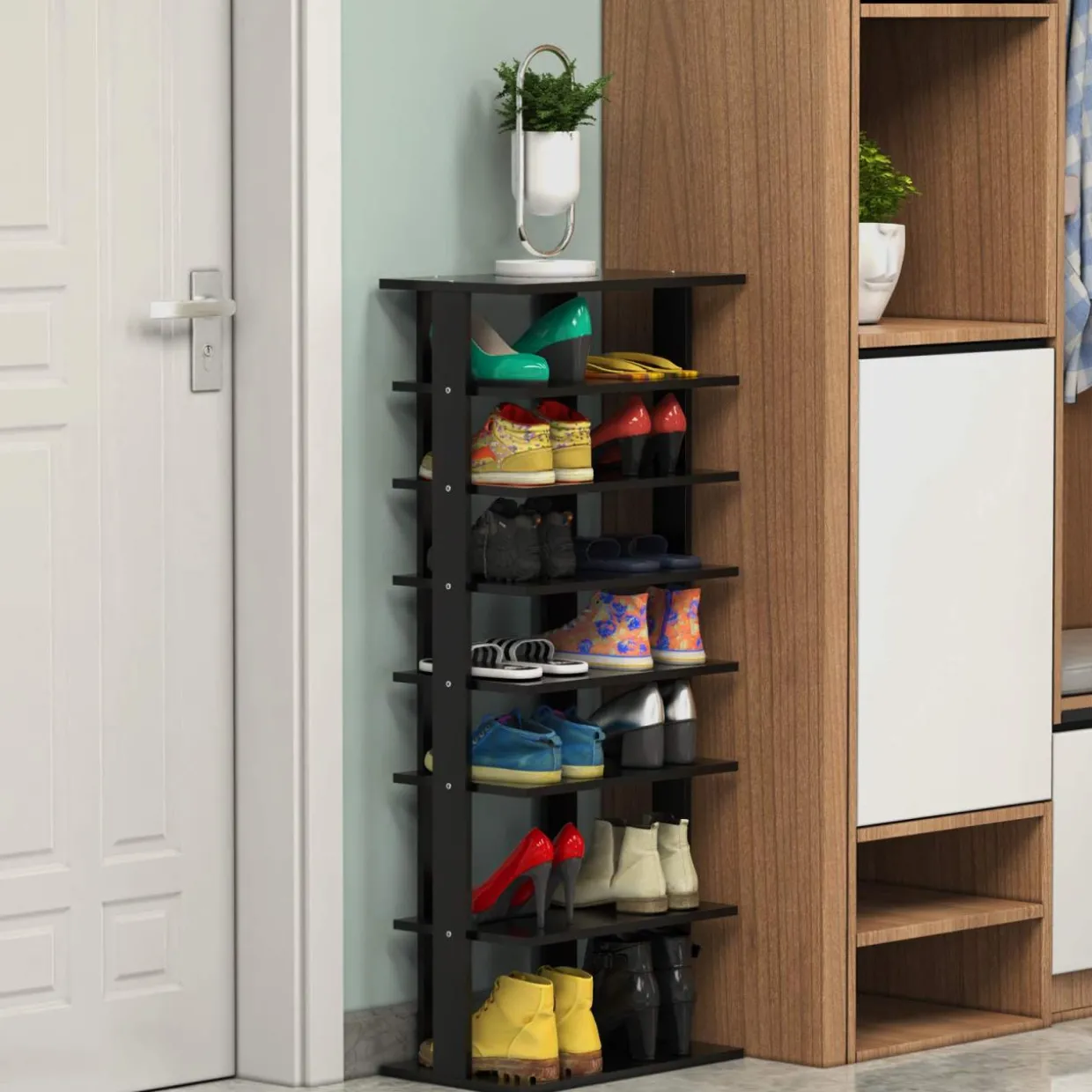 Tangkula 7 Tiers Vertical Shoe Rack, Entryway Wooden Shoes Racks, Modern Shoe Rack Organizer