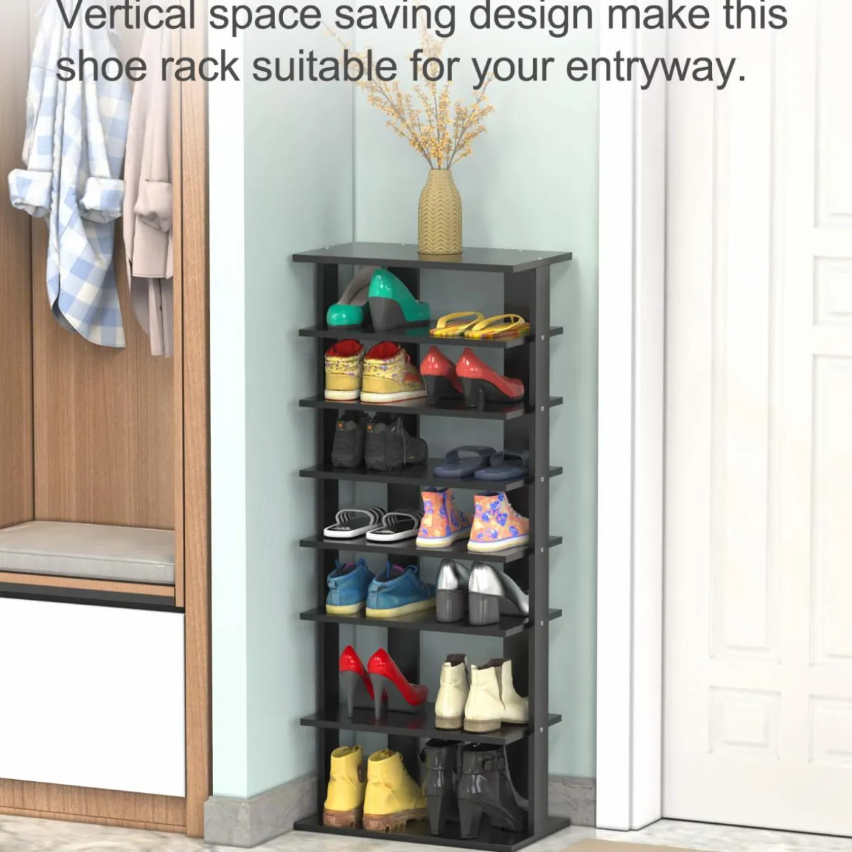 Tangkula 7 Tiers Vertical Shoe Rack, Entryway Wooden Shoes Racks, Modern Shoe Rack Organizer