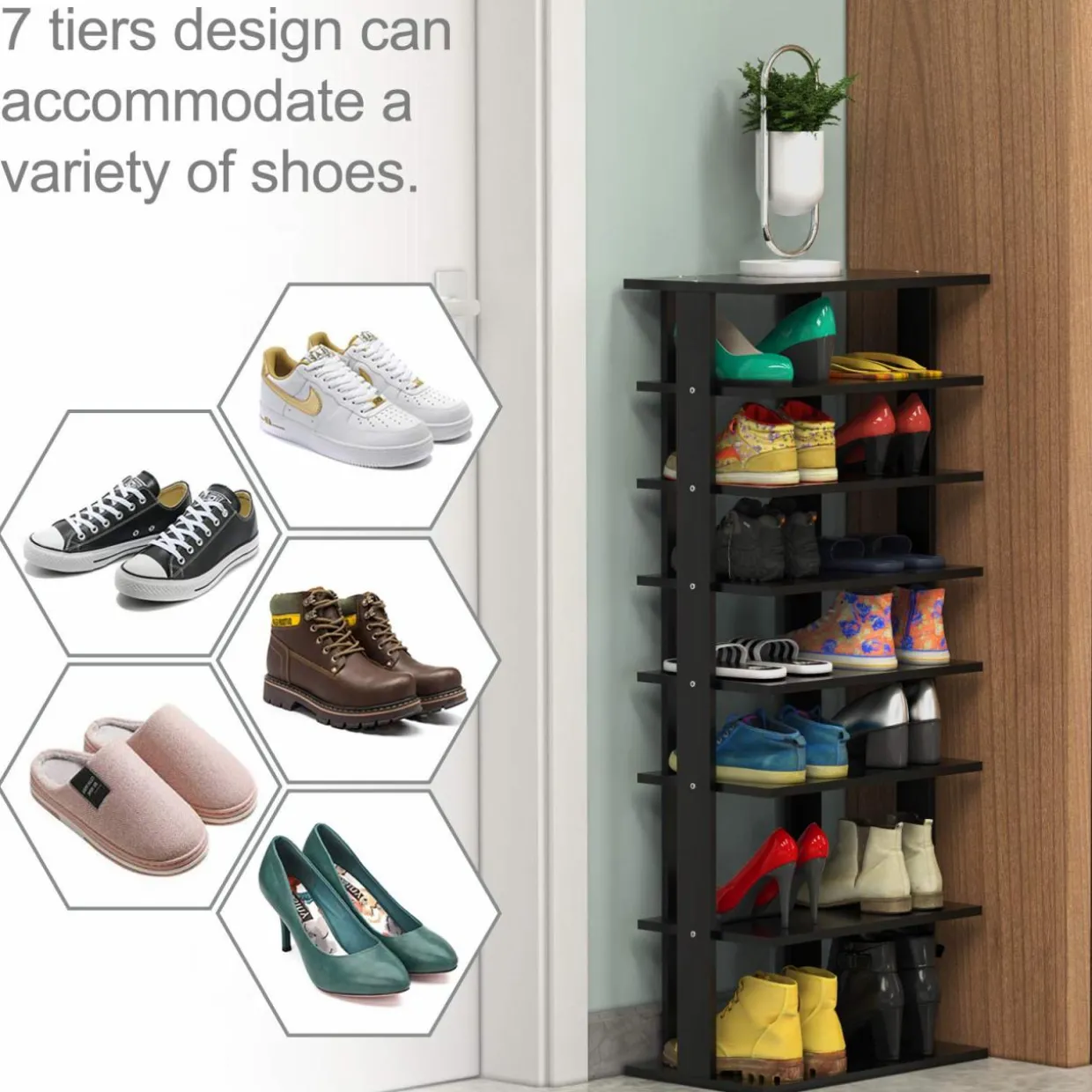 Tangkula 7 Tiers Vertical Shoe Rack, Entryway Wooden Shoes Racks, Modern Shoe Rack Organizer