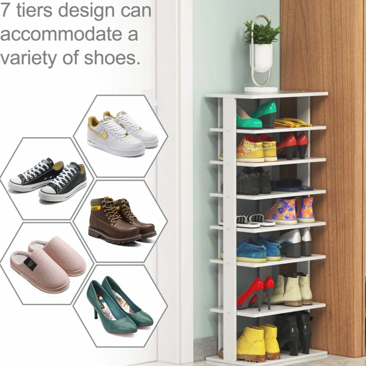 Tangkula 7 Tiers Vertical Shoe Rack, Entryway Slim Wooden Shoes Racks
