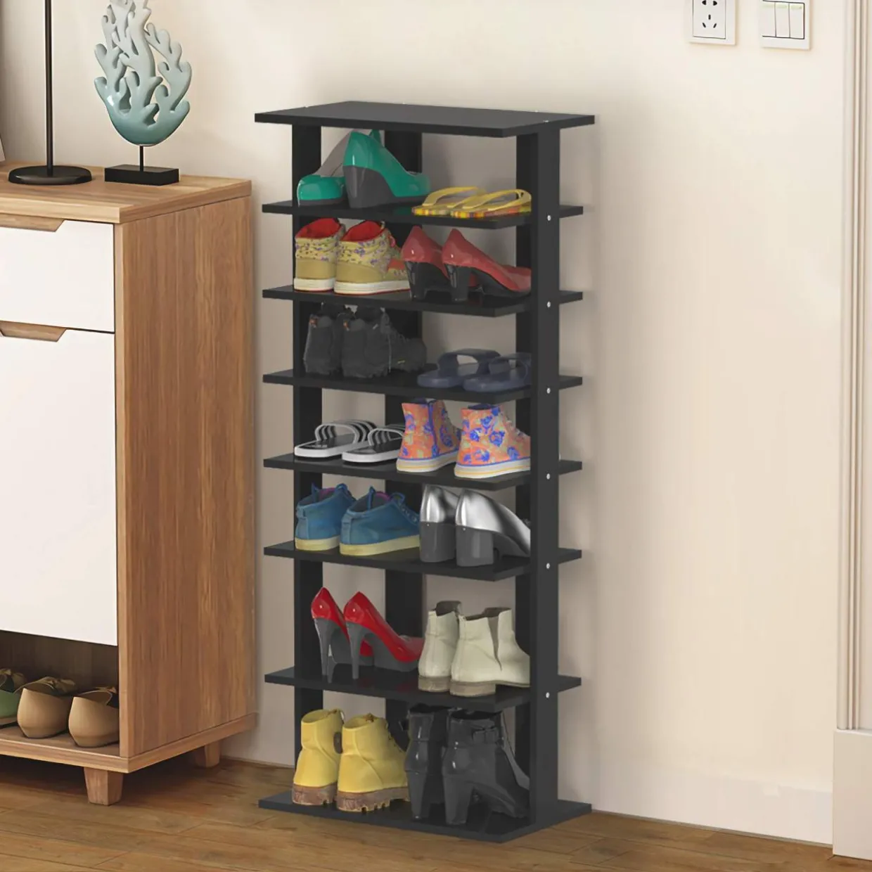 Tangkula 7 Tiers Vertical Shoe Rack, Entryway Wooden Shoes Racks, Modern Shoe Rack Organizer