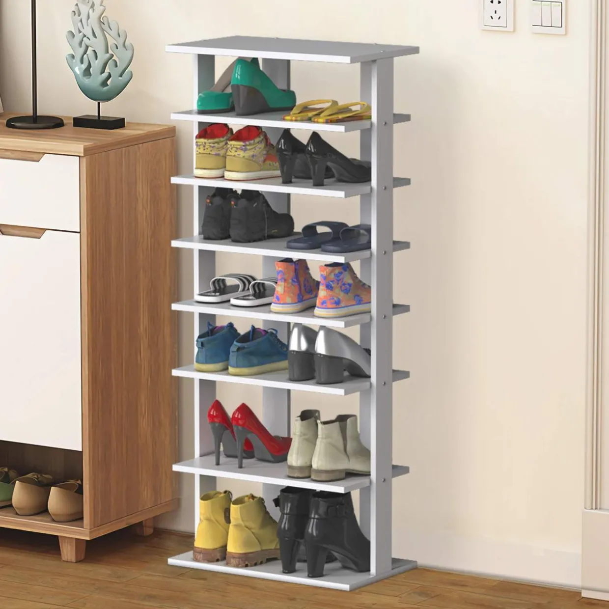 Tangkula 7 Tiers Vertical Shoe Rack, Entryway Slim Wooden Shoes Racks