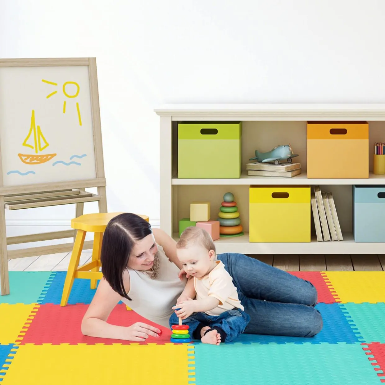 Tangkula 12 Tiles Exercise Flooring Mats with Border, Non-Slip EVA Foam Protective Mats