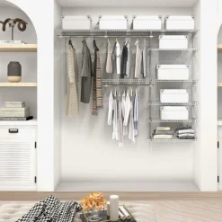 Tangkula 4 to 6 FT Custom Closet Organizer System Kit, Wall-Mounted Storage Organizer with Wire Shelving and Hanging Rods