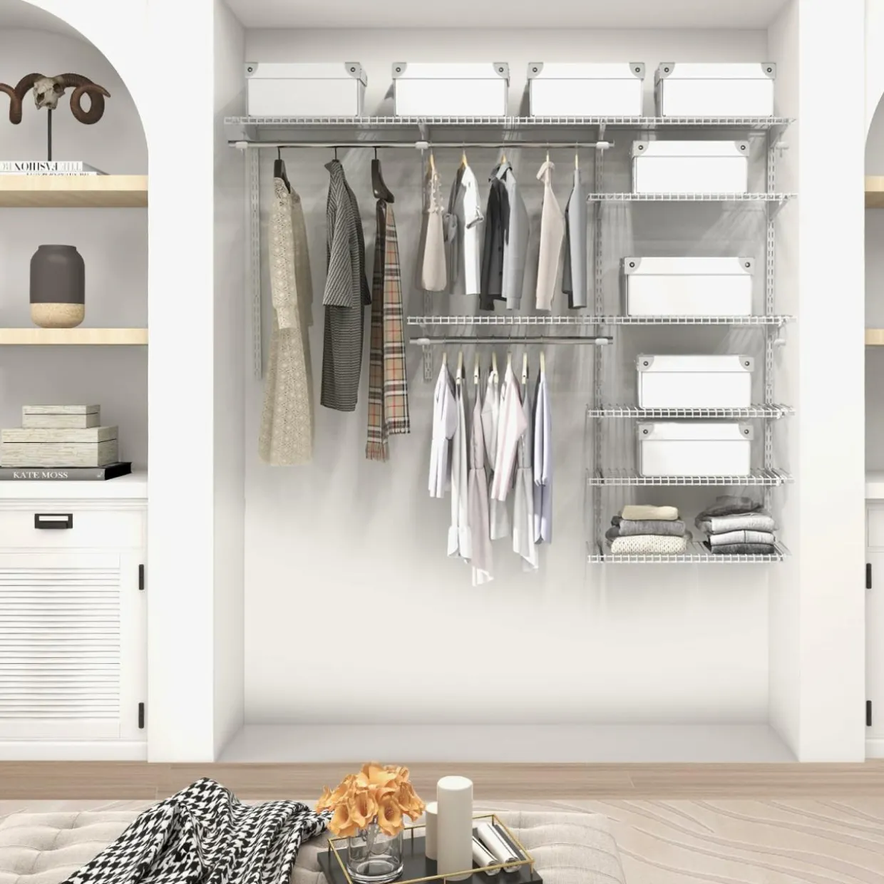 Tangkula 4 to 6 FT Custom Closet Organizer System Kit, Wall-Mounted Storage Organizer with Wire Shelving and Hanging Rods