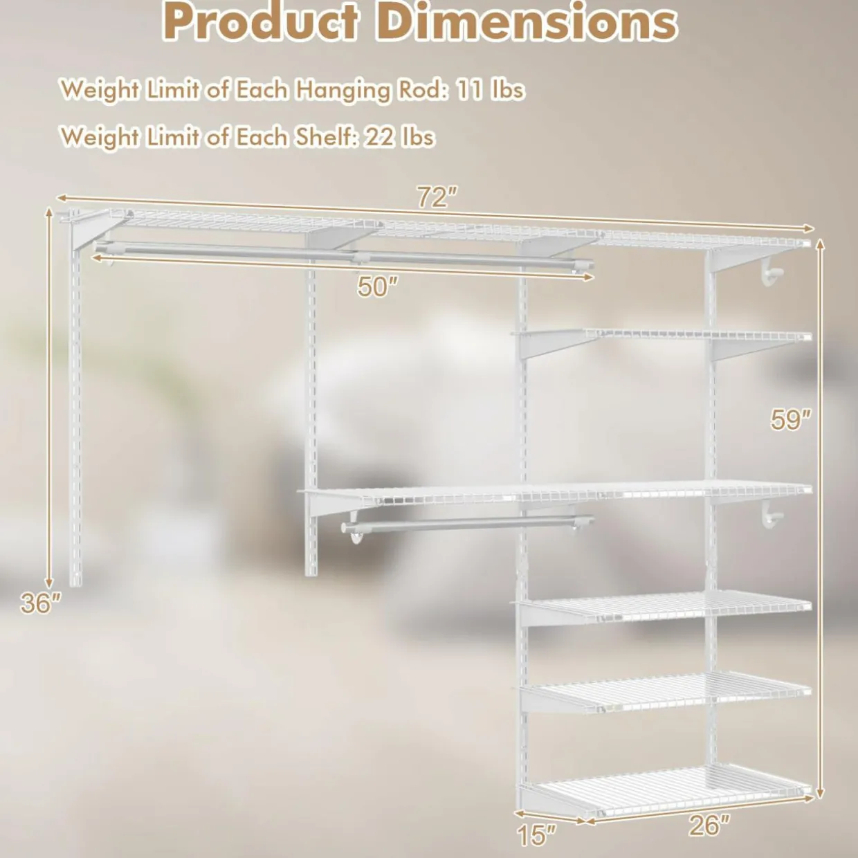 Tangkula 4 to 6 FT Custom Closet Organizer System Kit, Wall-Mounted Storage Organizer with Wire Shelving and Hanging Rods