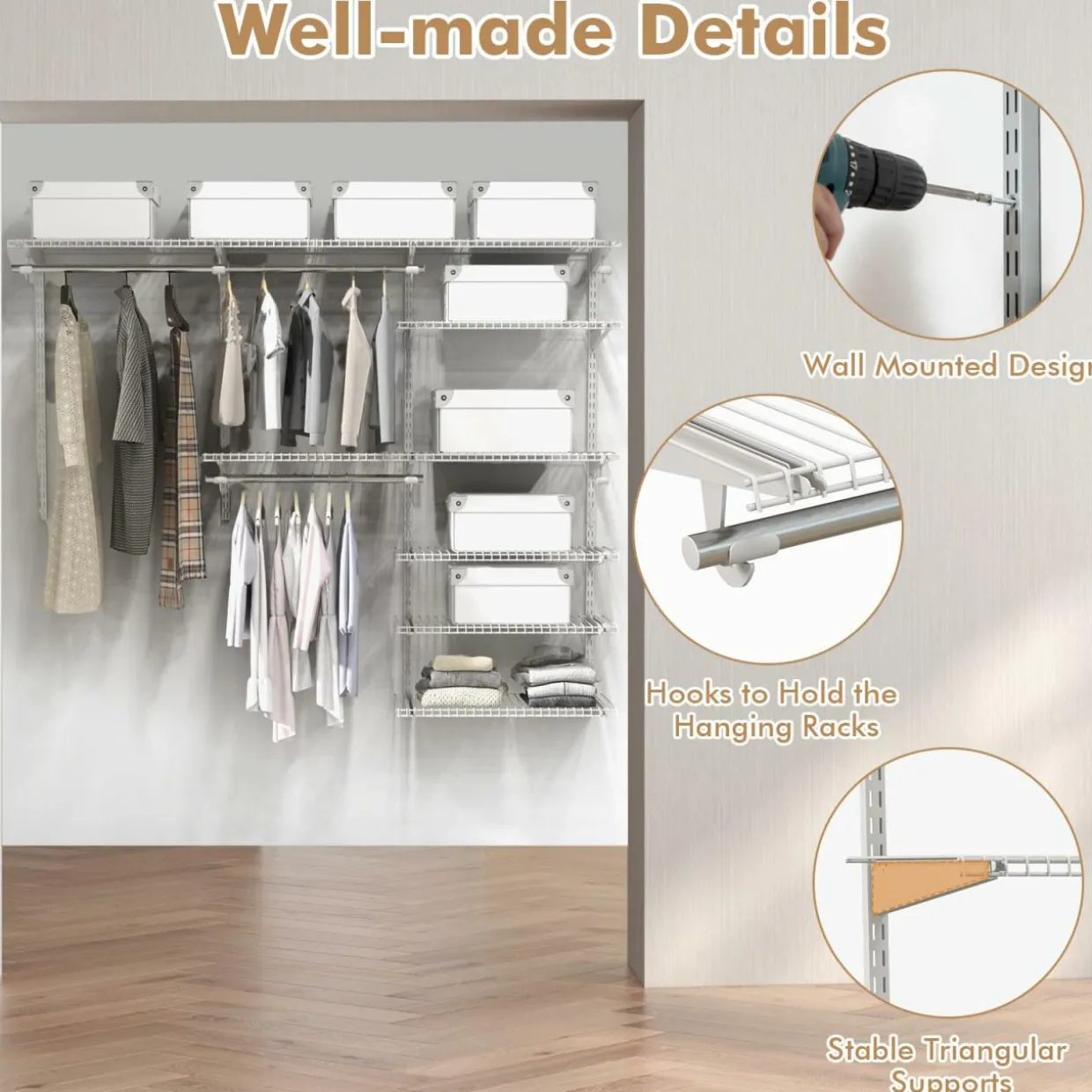 Tangkula 4 to 6 FT Custom Closet Organizer System Kit, Wall-Mounted Storage Organizer with Wire Shelving and Hanging Rods