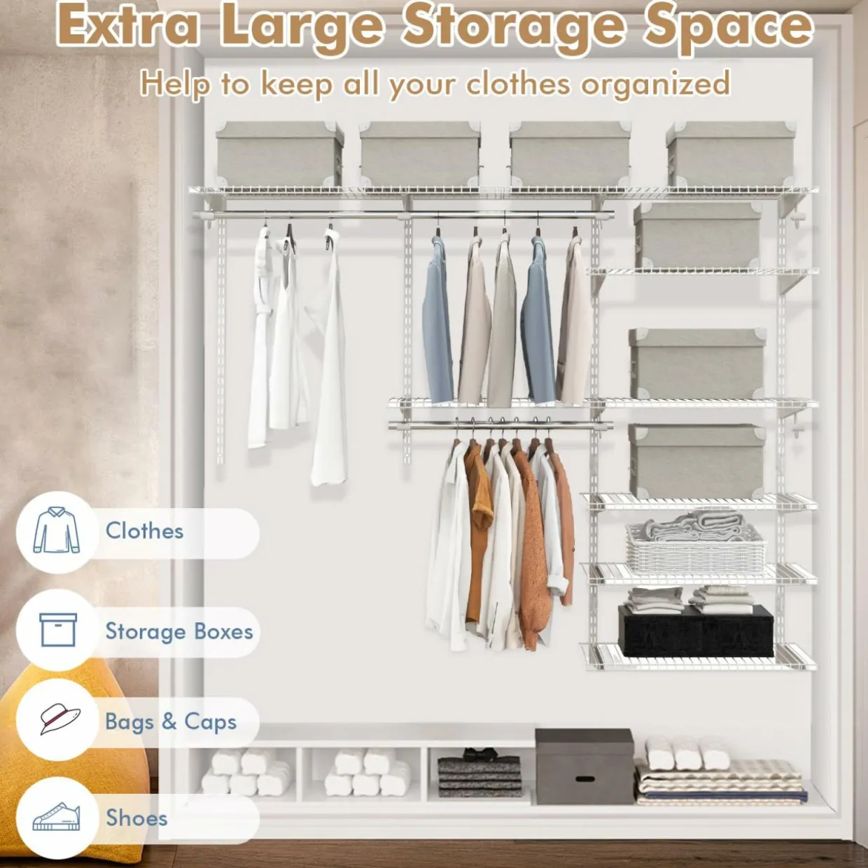 Tangkula 4 to 6 FT Custom Closet Organizer System Kit, Wall-Mounted Storage Organizer with Wire Shelving and Hanging Rods