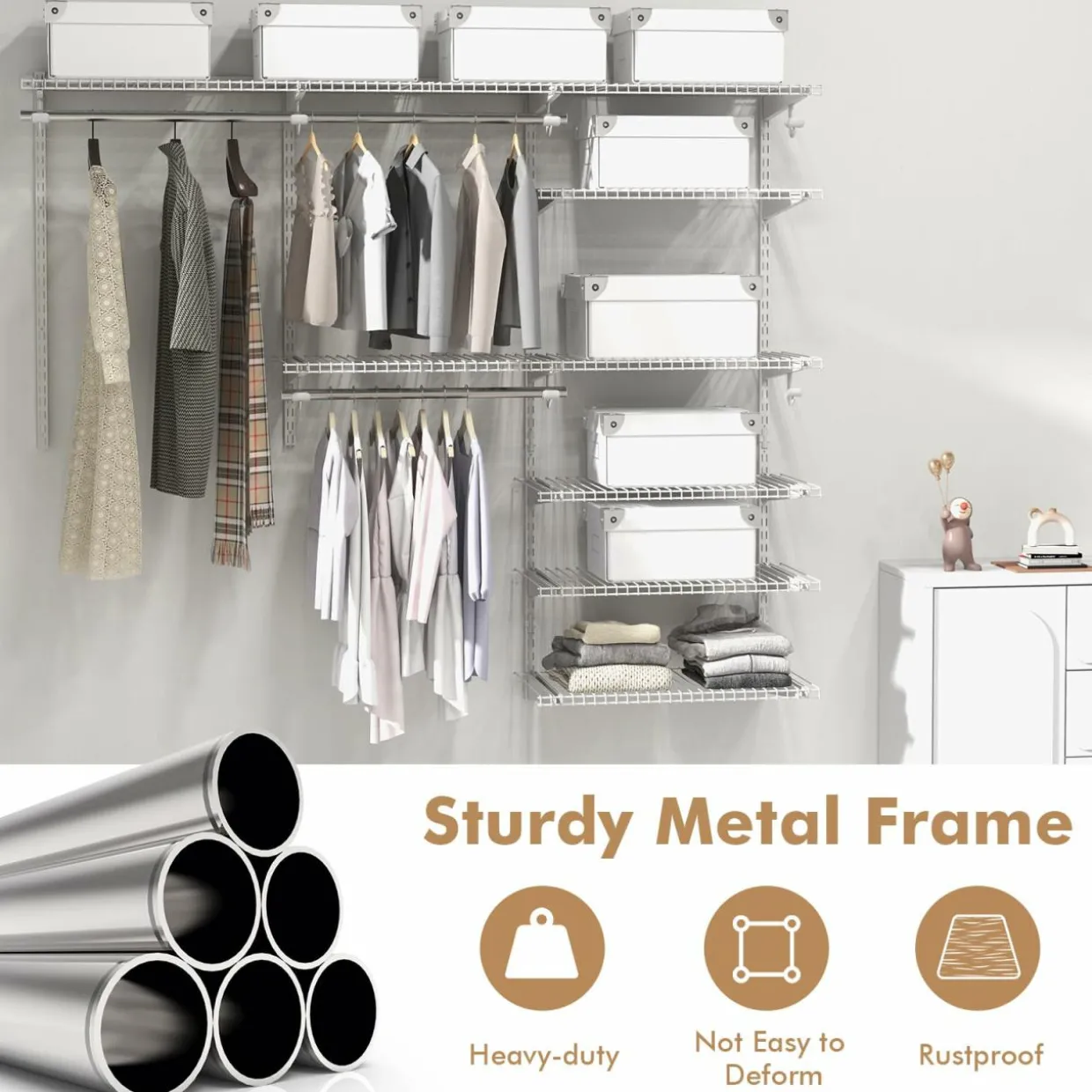 Tangkula 4 to 6 FT Custom Closet Organizer System Kit, Wall-Mounted Storage Organizer with Wire Shelving and Hanging Rods