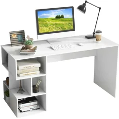 Tangkula 55" White Desk with Bookshelf, Modern Home Office Desk with 3 Tier Storage Shelves