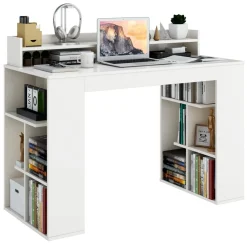 Tangkula 48" White Desk with Storage Bookshelf, Home Office Computer Desk with Dual 3 Tier Bookshelf & Monitor Shelf