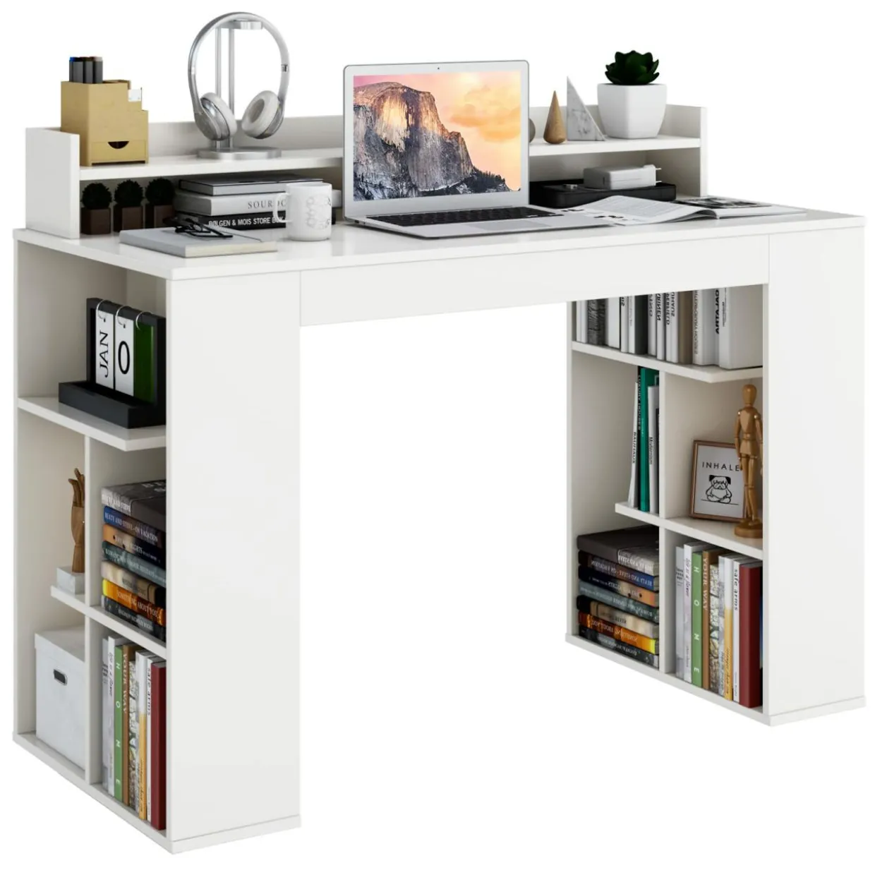 Tangkula 48" White Desk with Storage Bookshelf, Home Office Computer Desk with Dual 3 Tier Bookshelf & Monitor Shelf