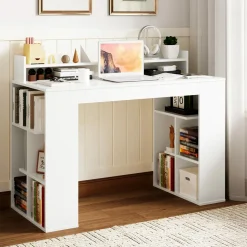 Tangkula 48" White Desk with Storage Bookshelf, Home Office Computer Desk with Dual 3 Tier Bookshelf & Monitor Shelf