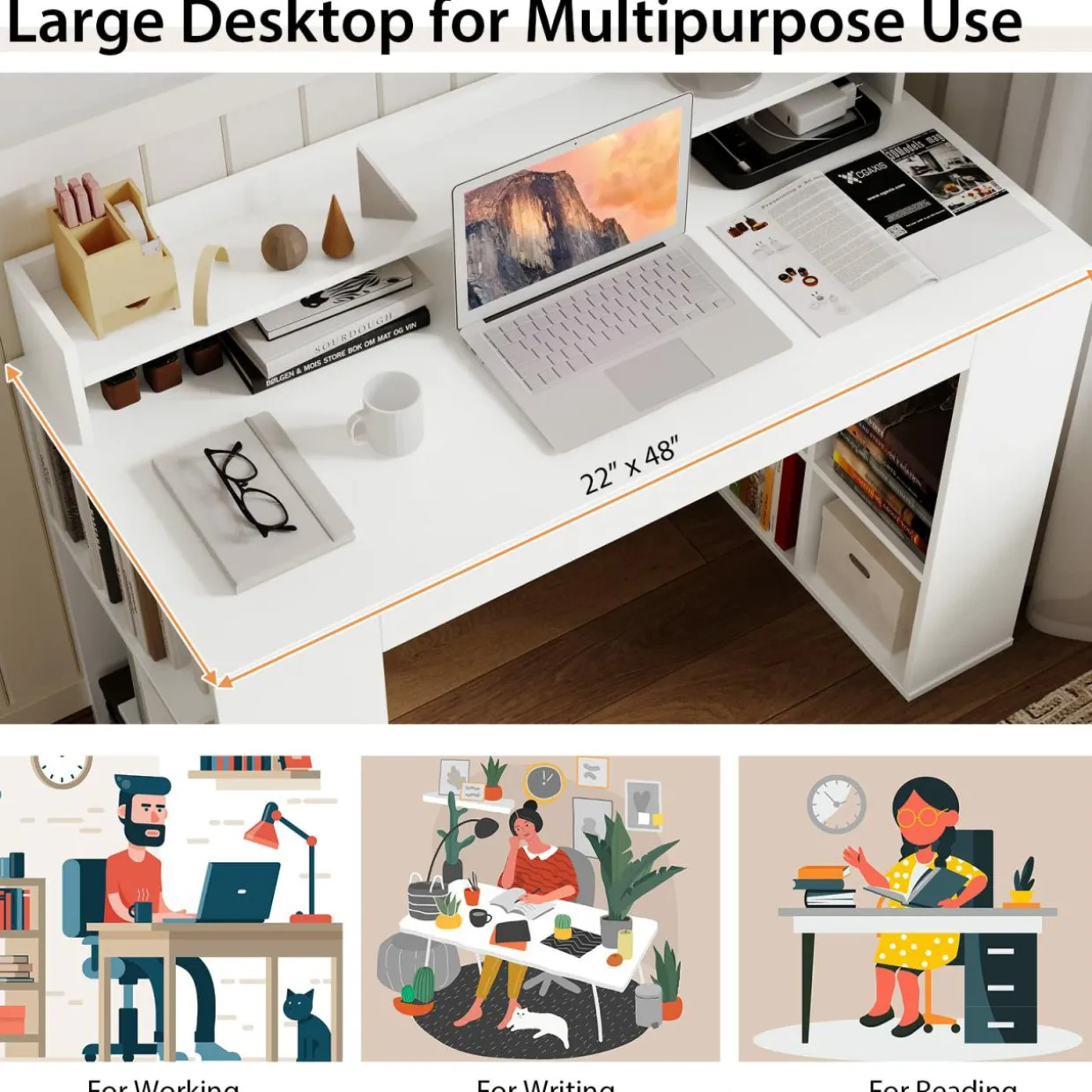 Tangkula 48" White Desk with Storage Bookshelf, Home Office Computer Desk with Dual 3 Tier Bookshelf & Monitor Shelf
