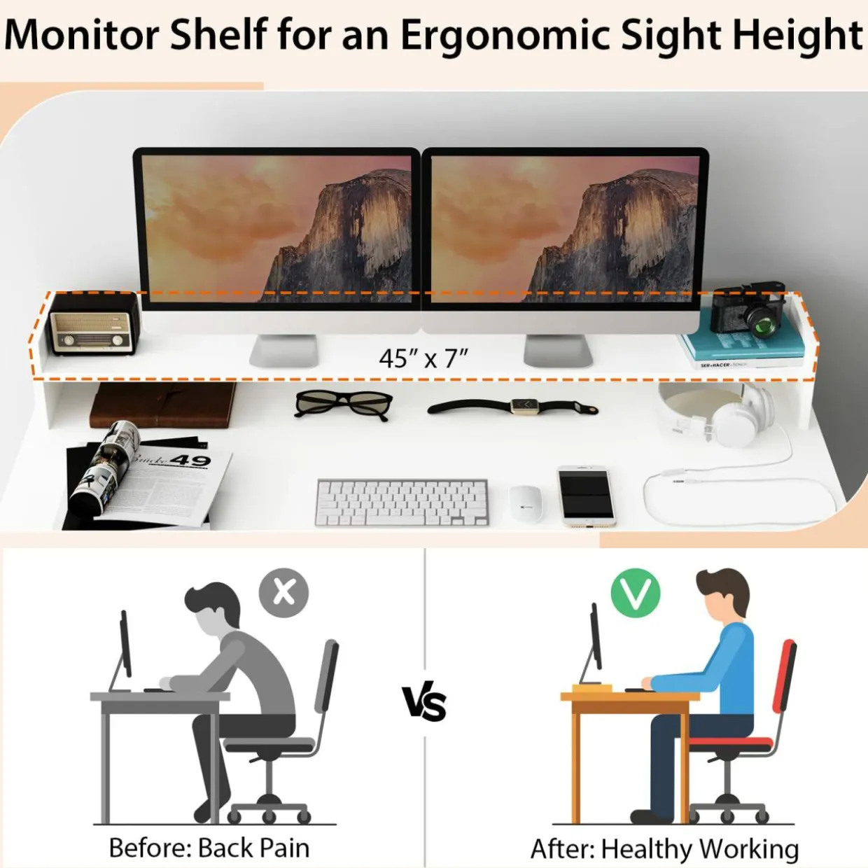 Tangkula 48" White Desk with Storage Bookshelf, Home Office Computer Desk with Dual 3 Tier Bookshelf & Monitor Shelf