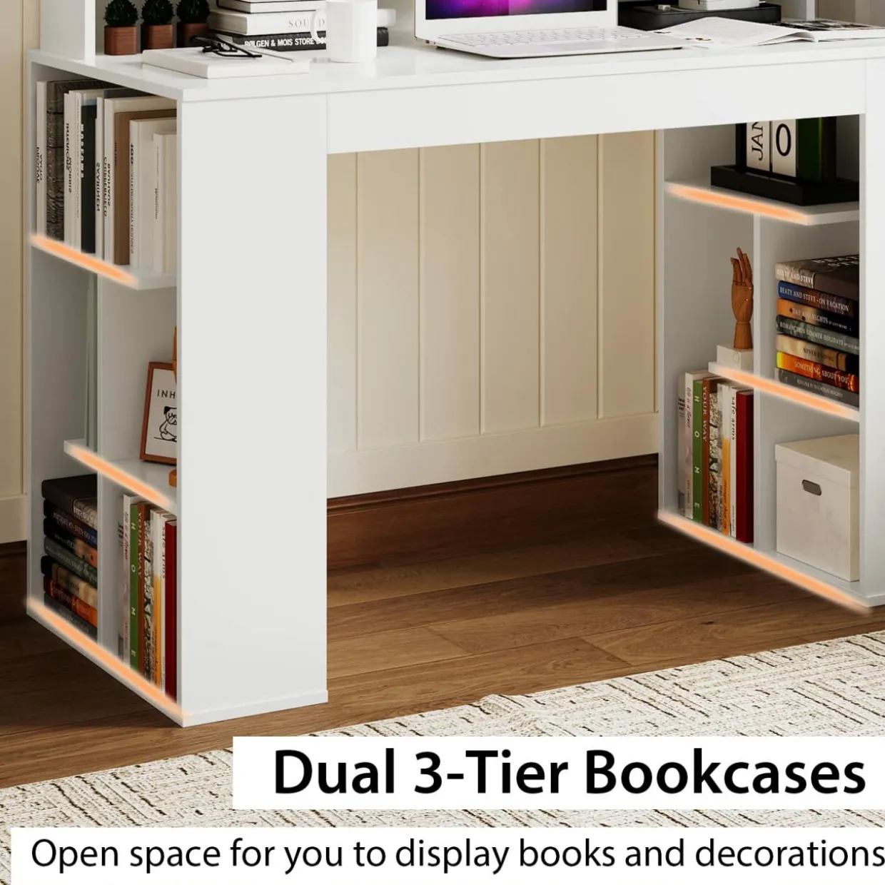 Tangkula 48" White Desk with Storage Bookshelf, Home Office Computer Desk with Dual 3 Tier Bookshelf & Monitor Shelf