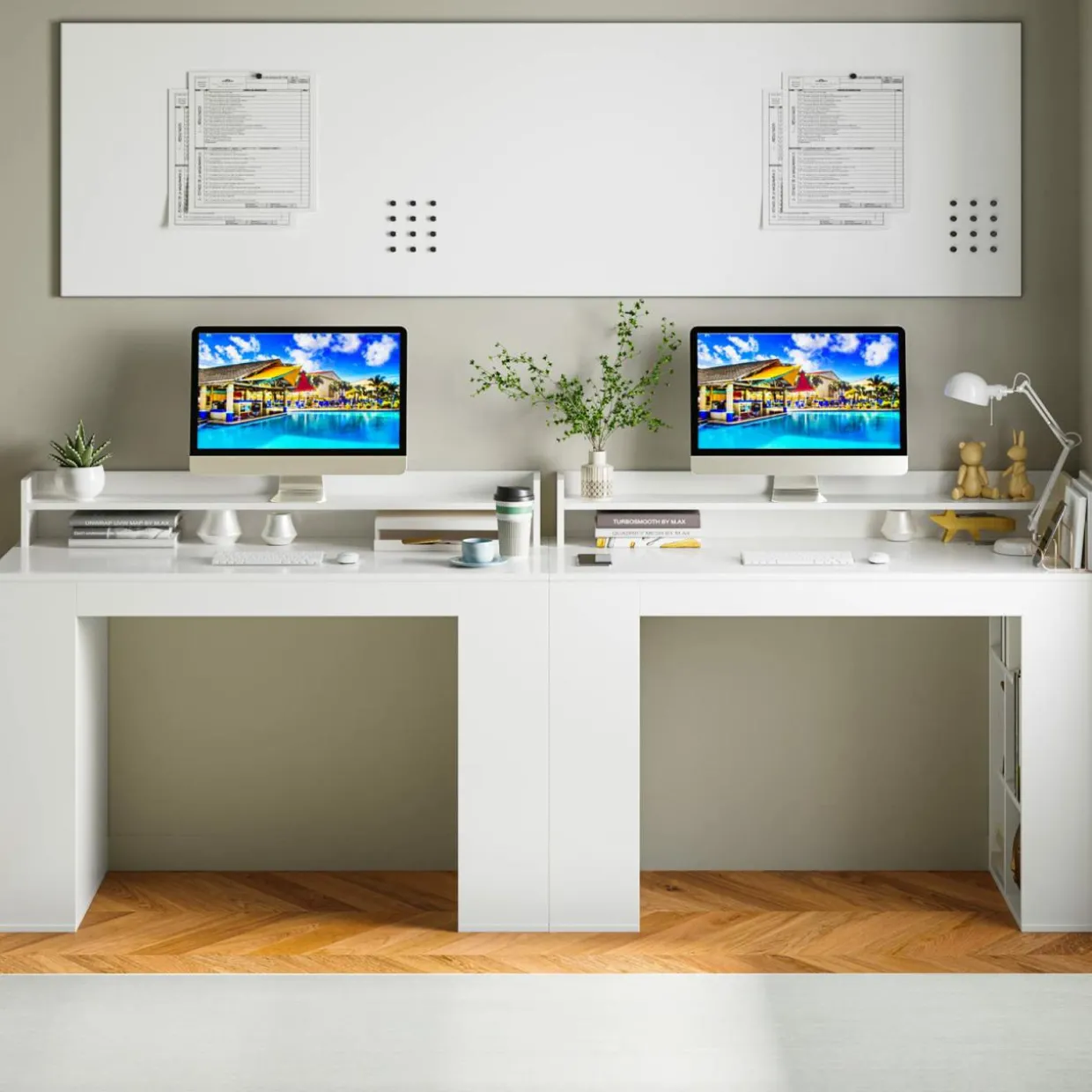 Tangkula 48" White Desk with Storage Bookshelf, Home Office Computer Desk with Dual 3 Tier Bookshelf & Monitor Shelf