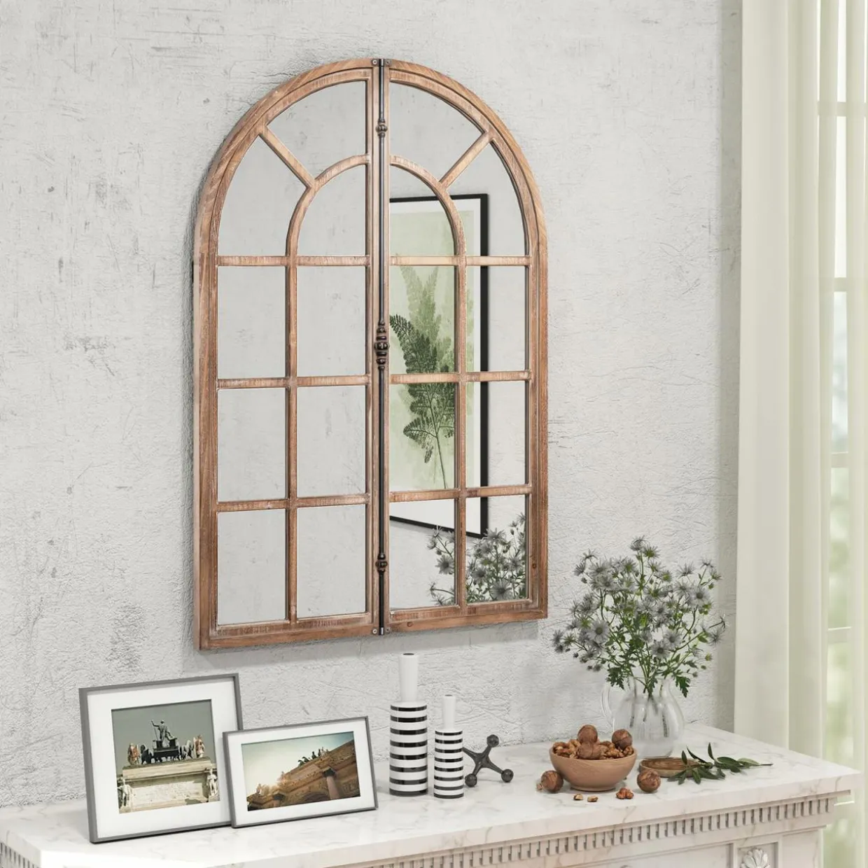 Tangkula 24" x 34" Arched Window Mirror, Farmhouse Decorative Arch Mirror