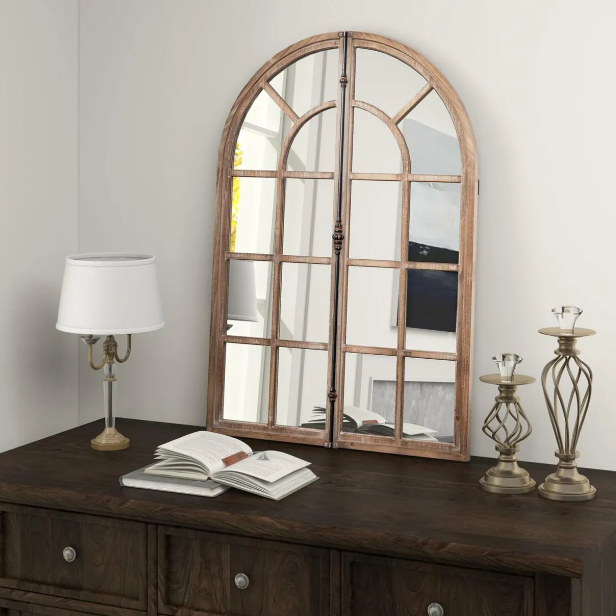 Tangkula 24" x 34" Arched Window Mirror, Farmhouse Decorative Arch Mirror
