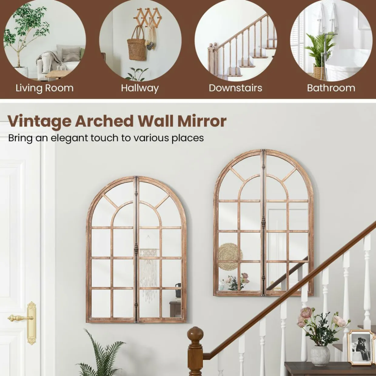 Tangkula 24" x 34" Arched Window Mirror, Farmhouse Decorative Arch Mirror