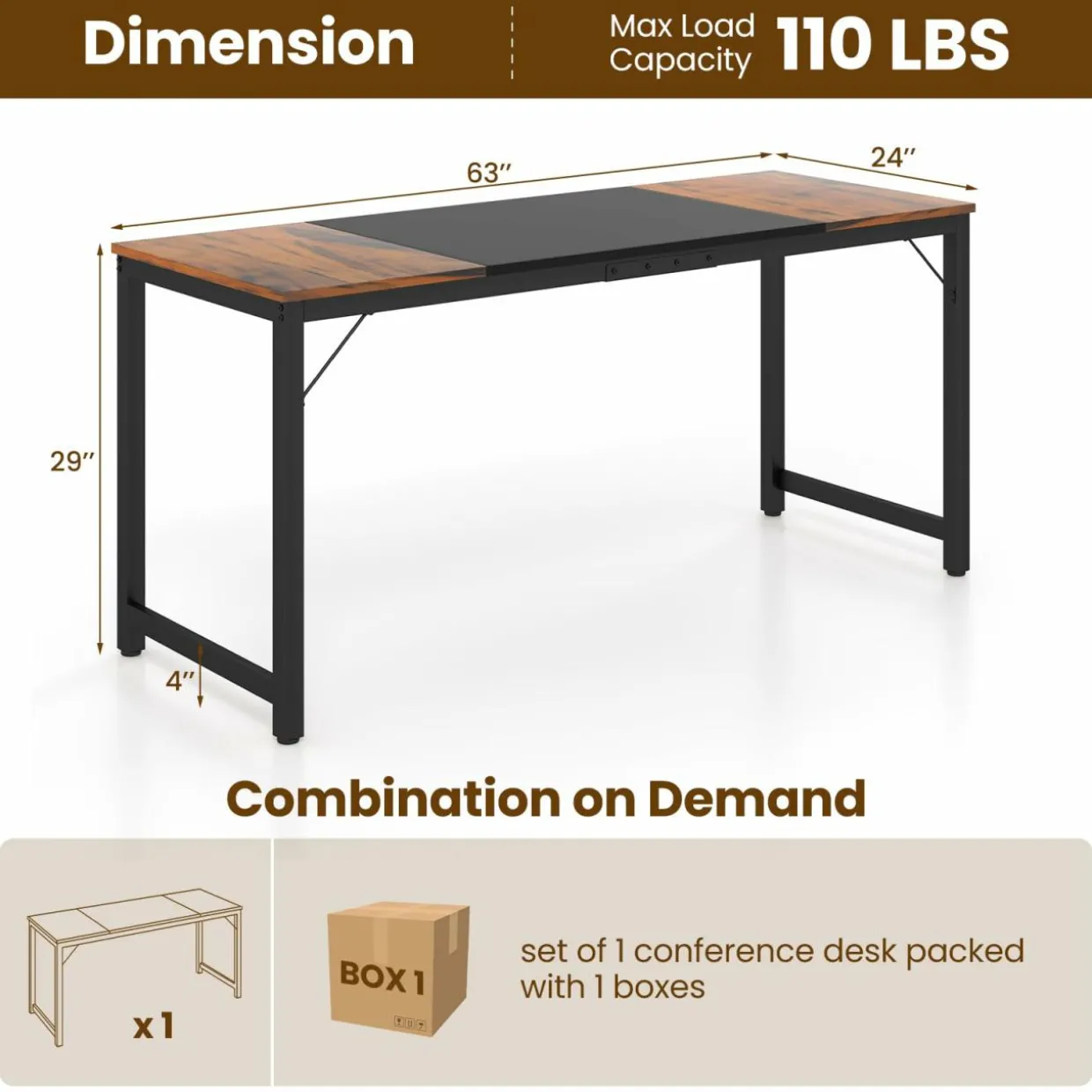 Tangkula 63” x 24” Conference Table, Meeting Table with Metal Frame & Adjustable Foot Pads