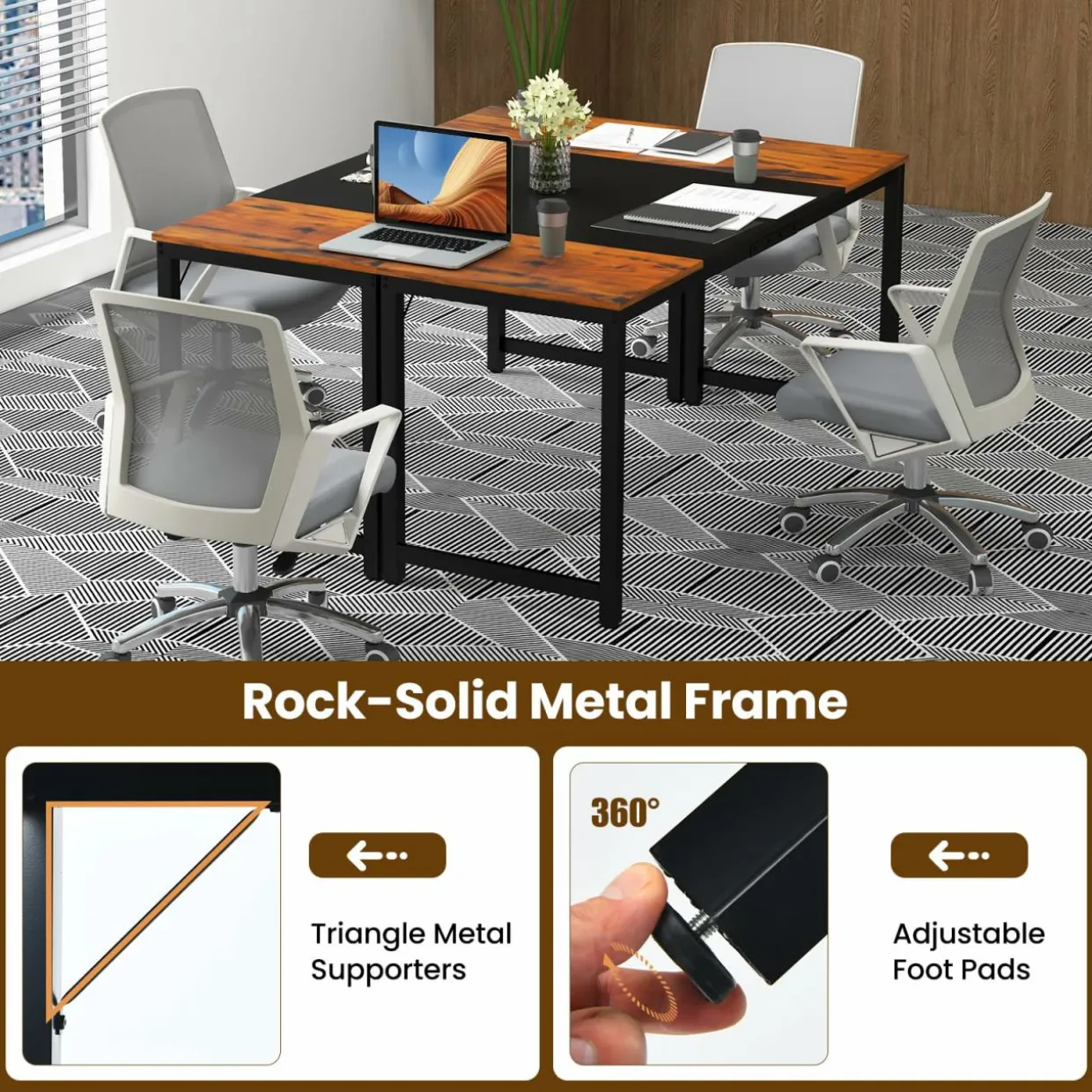 Tangkula 63” x 24” Conference Table, Meeting Table with Metal Frame & Adjustable Foot Pads
