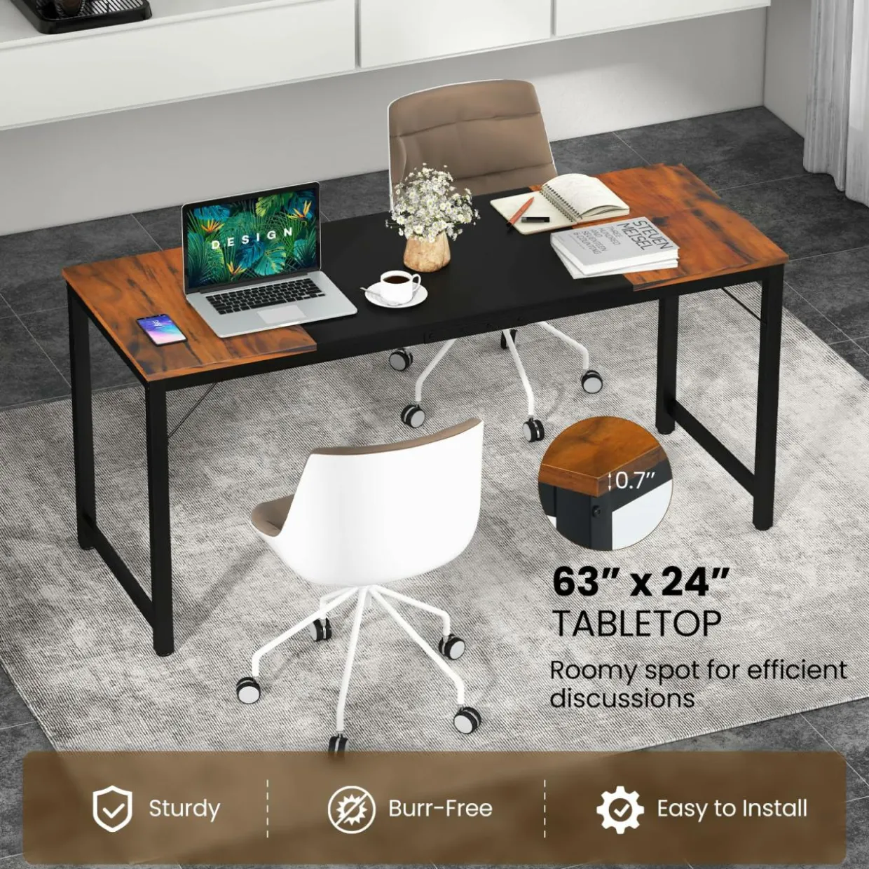 Tangkula 63” x 24” Conference Table, Meeting Table with Metal Frame & Adjustable Foot Pads