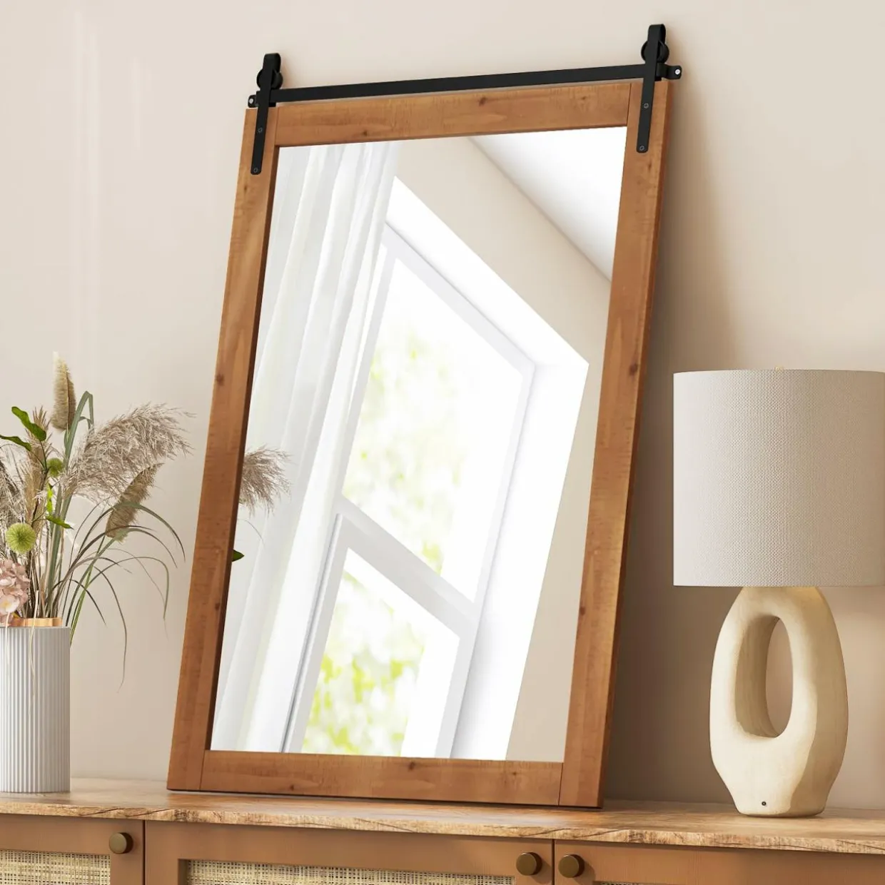 Tangkula 40" x 25" Farmhouse Bathroom Mirror, Barn Door Style Rectangular Mirror for Wall