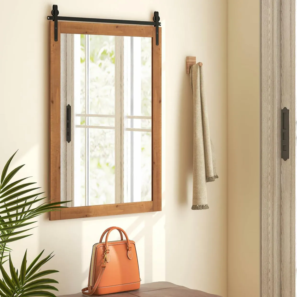 Tangkula 40" x 25" Farmhouse Bathroom Mirror, Barn Door Style Rectangular Mirror for Wall