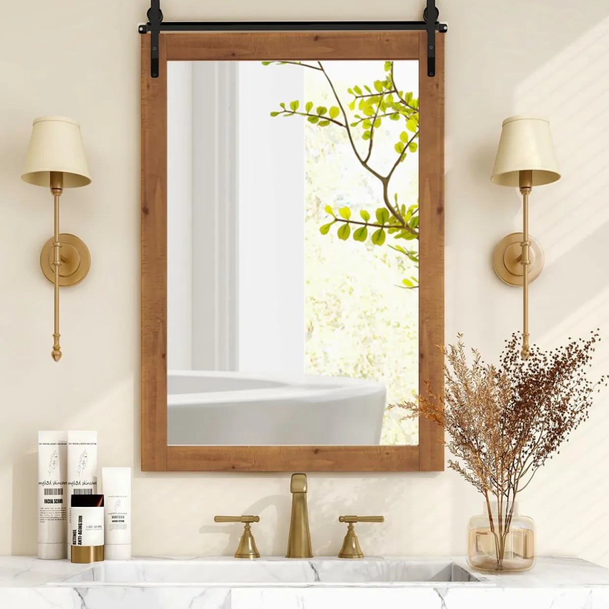 Tangkula 40" x 25" Farmhouse Bathroom Mirror, Barn Door Style Rectangular Mirror for Wall