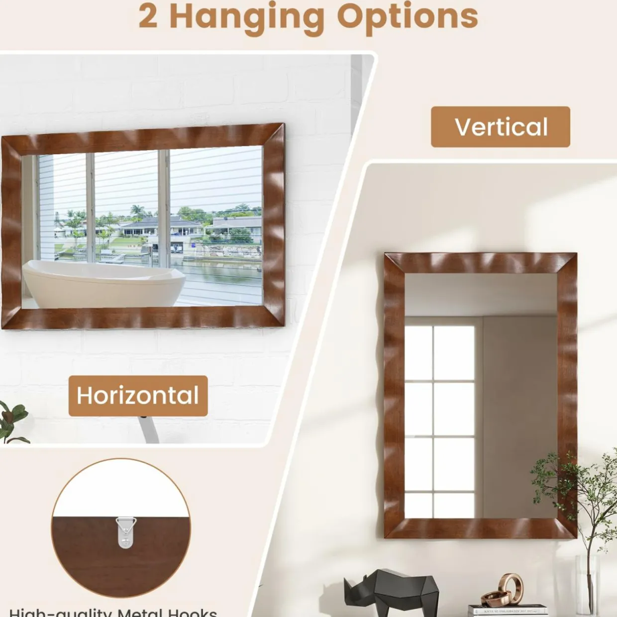 Tangkula 41.5" x 28" Farmhouse Wall Mirror, Rubber Wood Rustic Style Wall Mirror