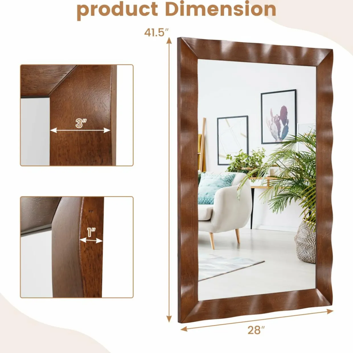 Tangkula 41.5" x 28" Farmhouse Wall Mirror, Rubber Wood Rustic Style Wall Mirror
