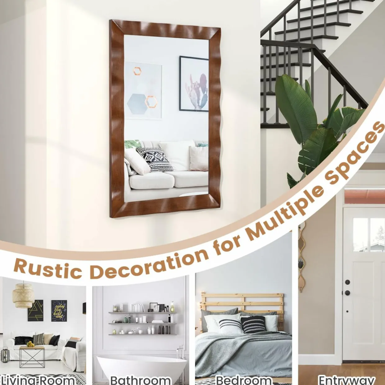 Tangkula 41.5" x 28" Farmhouse Wall Mirror, Rubber Wood Rustic Style Wall Mirror