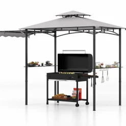 Tangkula 11 x 5 FT Grill Gazebo with Side Awning, 2-Tier Barbecue Gazebo with 2 Shelves, 12 Hanging Hooks