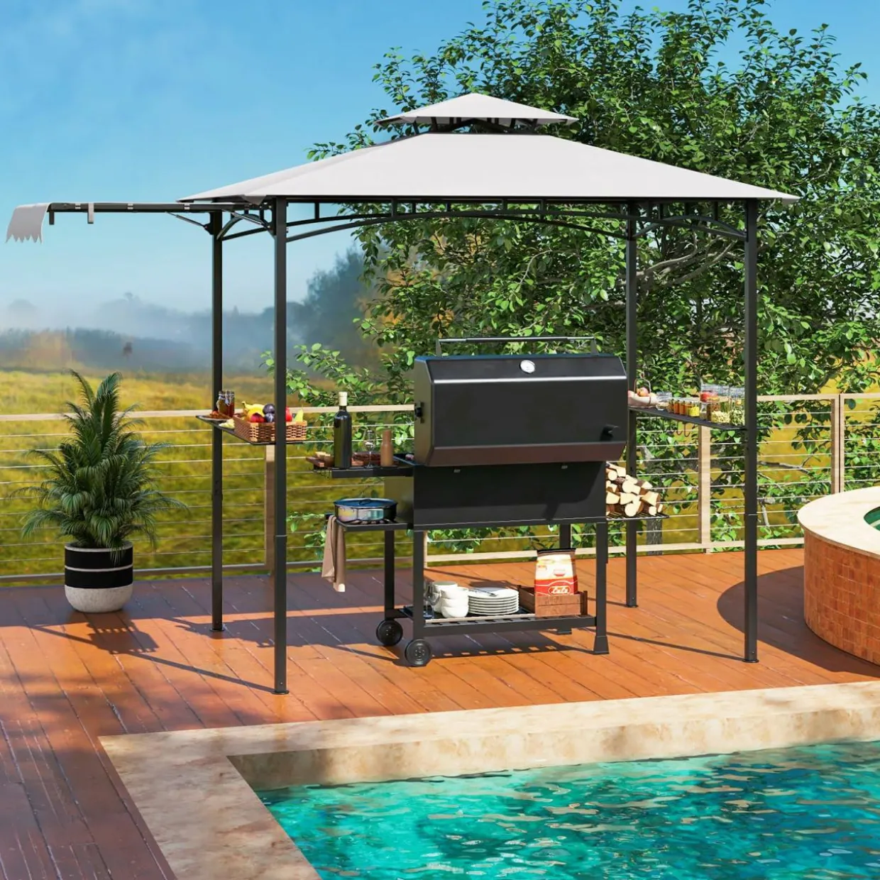 Tangkula 11 x 5 FT Grill Gazebo with Side Awning, 2-Tier Barbecue Gazebo with 2 Shelves, 12 Hanging Hooks
