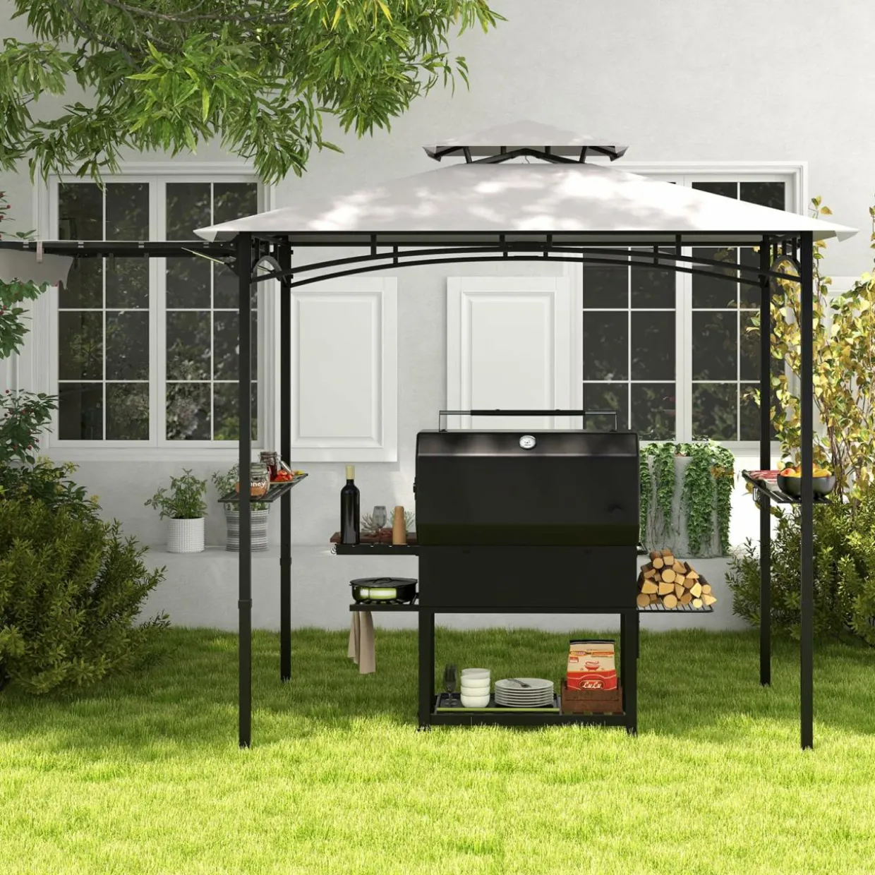 Tangkula 11 x 5 FT Grill Gazebo with Side Awning, 2-Tier Barbecue Gazebo with 2 Shelves, 12 Hanging Hooks