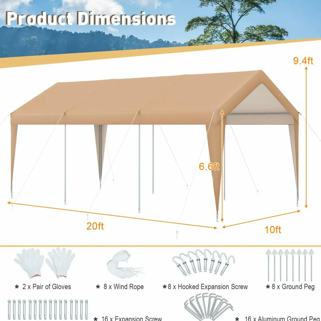 Tangkula 10 x 20 FT Heavy-Duty Carport, Portable Garage Tent Carport with Galvanized Steel Frame