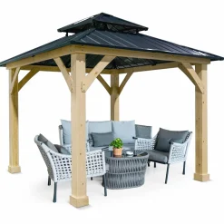 Tangkula 10 x 10 FT Outdoor Hardtop Gazebo, Double Roof Patio Gazebo with Cedar Wood Frame & Galvanized Steel Top