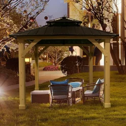 Tangkula 10 x 10 FT Outdoor Hardtop Gazebo, Double Roof Patio Gazebo with Cedar Wood Frame & Galvanized Steel Top