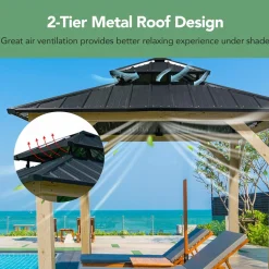 Tangkula 10 x 10 FT Outdoor Hardtop Gazebo, Double Roof Patio Gazebo with Cedar Wood Frame & Galvanized Steel Top