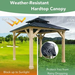 Tangkula 10 x 10 FT Outdoor Hardtop Gazebo, Double Roof Patio Gazebo with Cedar Wood Frame & Galvanized Steel Top