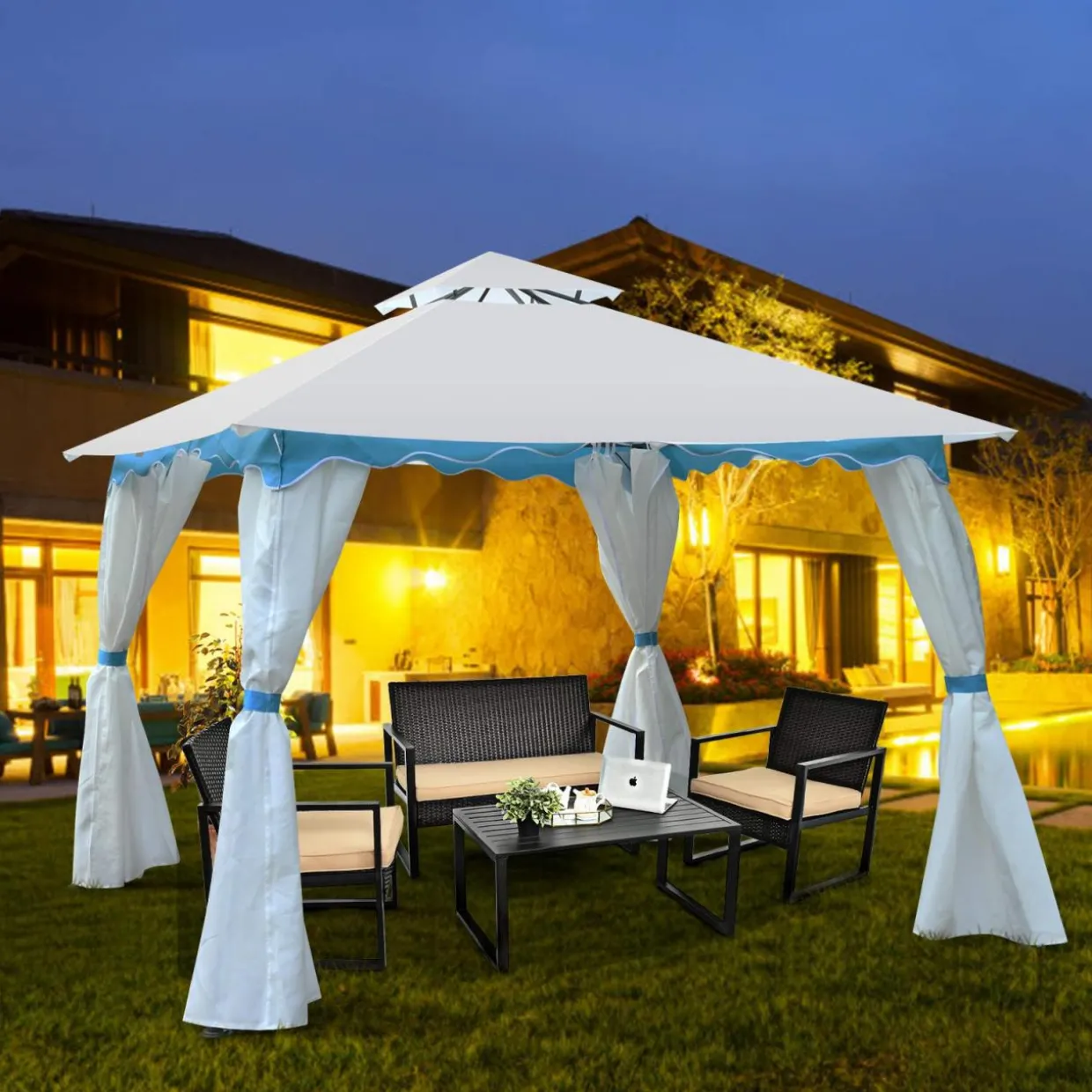 Tangkula 10 x 10 ft Patio Steel Gazebo, Outdoor Canopy Gazebo with Side Walls, Zippers, 2 Tier Vented Roof, Blue Trimming